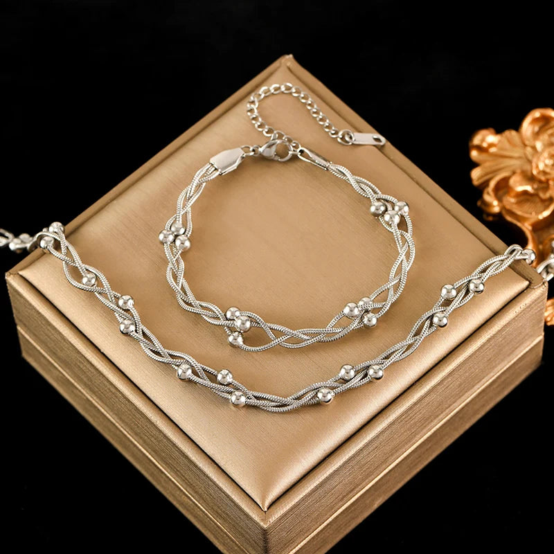 Metal Gold Color Bead Winding Chain Set