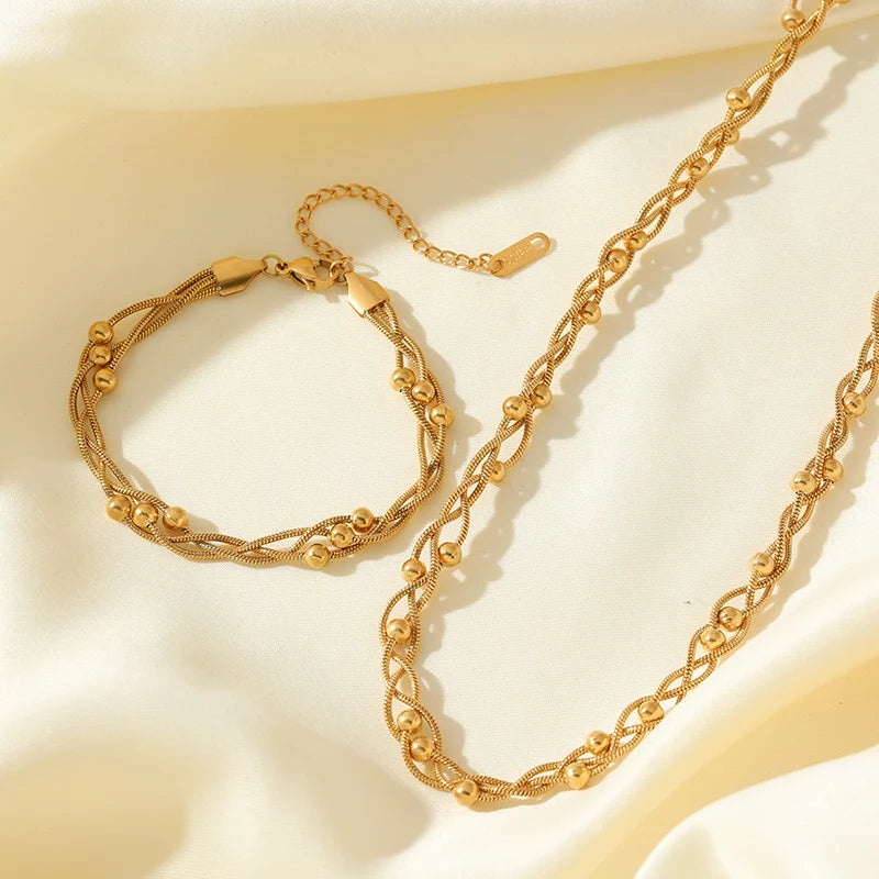 Metal Gold Color Bead Winding Chain Set