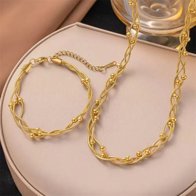 Metal Gold Color Bead Winding Chain Set