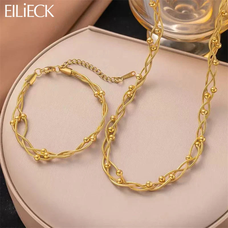 Metal Gold Color Bead Winding Chain Set